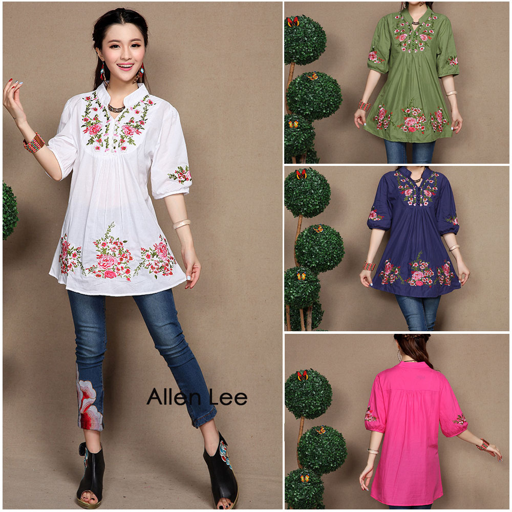 2018-Hot-Sale-Free-Shipping-vintage-70s-mexican-Ethnic-Floral-EMBROIDERED-Hippie-Blouse-DRESS-women--1956373733