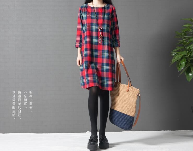 2018-Spring-Autumn-Vintage-Cotton-Linen-Plaid-Women-Dress-Plus-Size-Loose-Vestidos-Robe-Dresses-32746057572