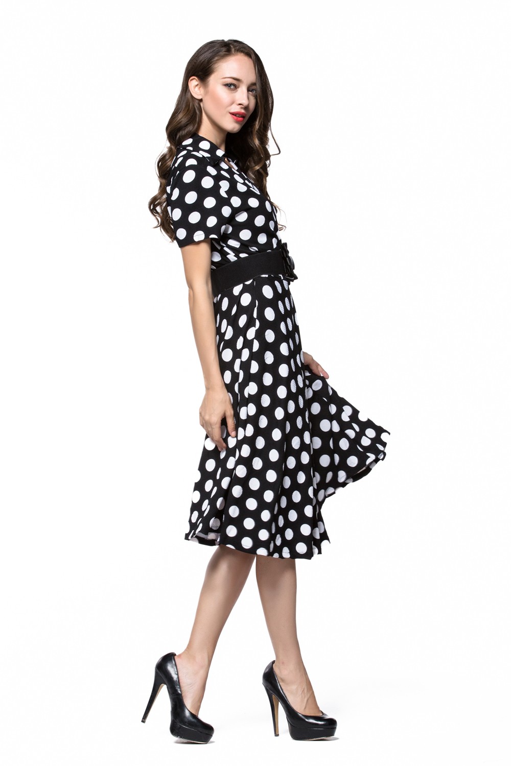 2018-Vintage-Classic-Summer-Wommen-Ball-Gown-Retro-Dress-V-Neck-Short-Sleeve-Patchwork-Dot-Cardigan--32696240161