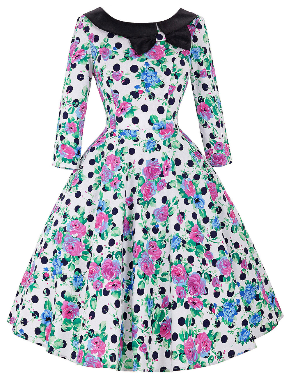 34-Long-Sleeve-Short-Dress-50s-Polka-Dots-Floral-Print-Rockabilly-Vestido-Retro-Vintage-Party-Picnic-32674125071