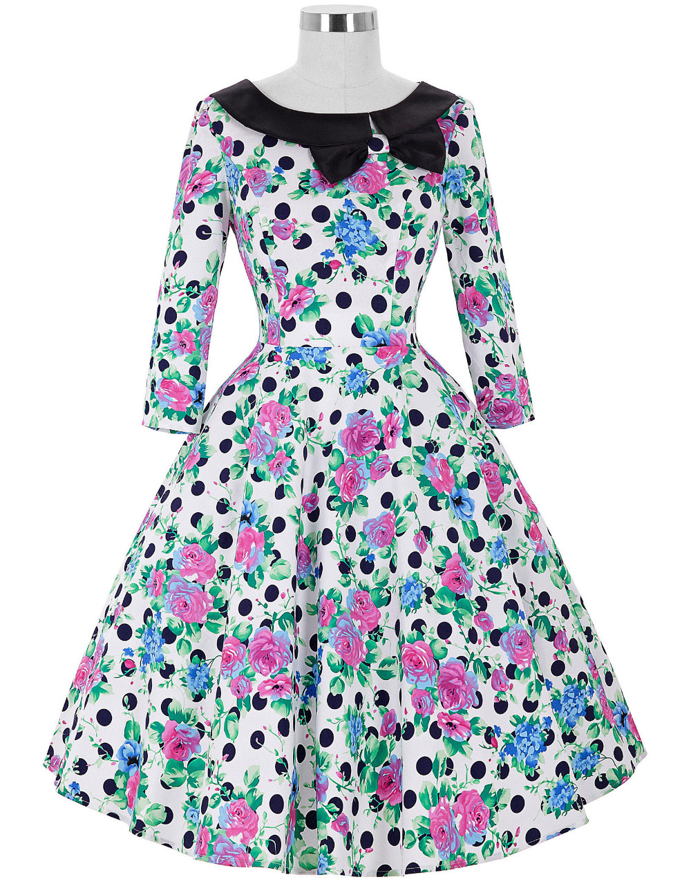 34-Long-Sleeve-Short-Dress-50s-Polka-Dots-Floral-Print-Rockabilly-Vestido-Retro-Vintage-Party-Picnic-32674125071