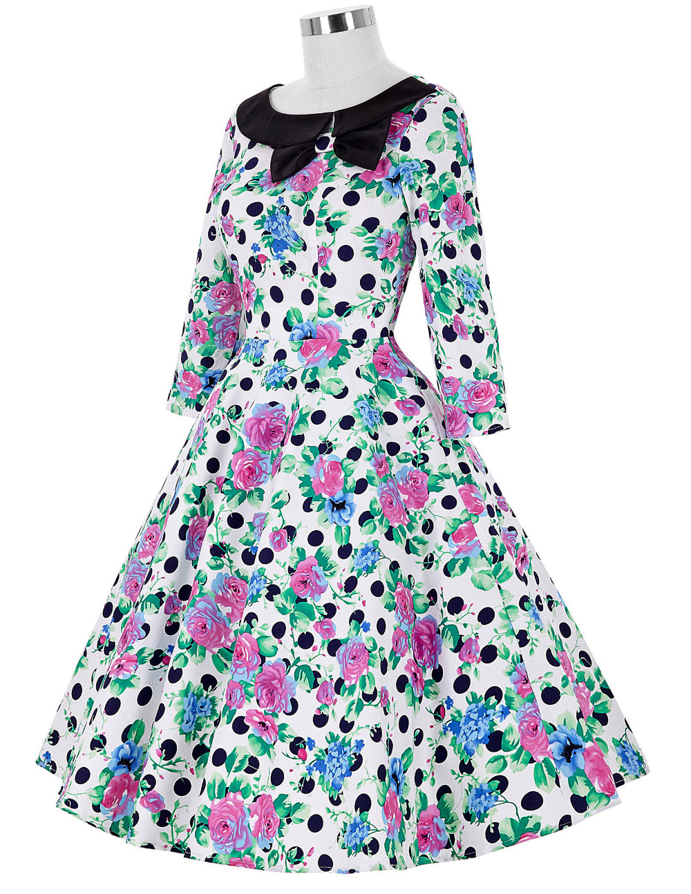 34-Long-Sleeve-Short-Dress-50s-Polka-Dots-Floral-Print-Rockabilly-Vestido-Retro-Vintage-Party-Picnic-32674125071