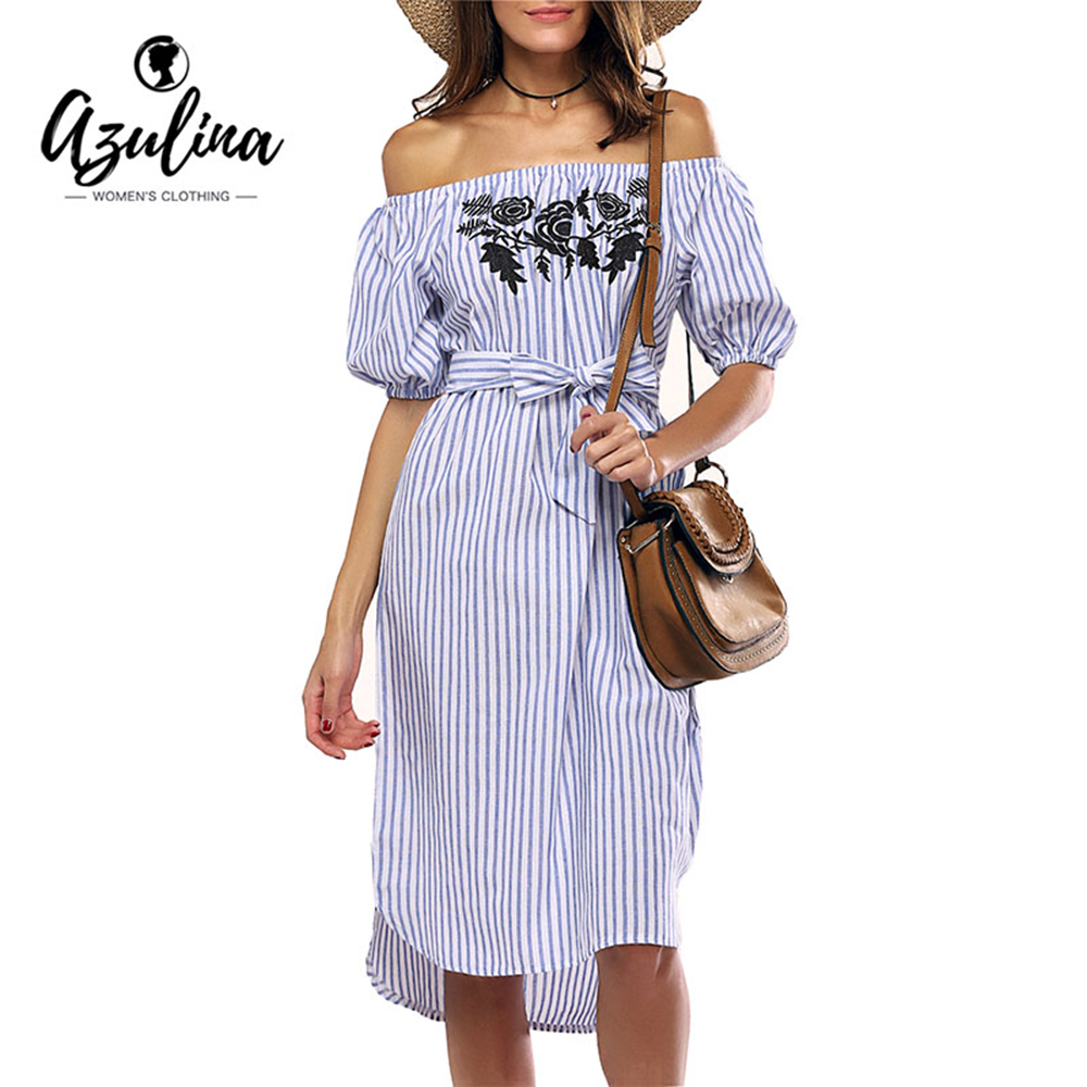 AZULINA-Casual-Blue-Striped-t-shirt-summer-Dress-Women-Off-the-Shoulder-Floral-Embroidery-Sexy-Beach-32794332405