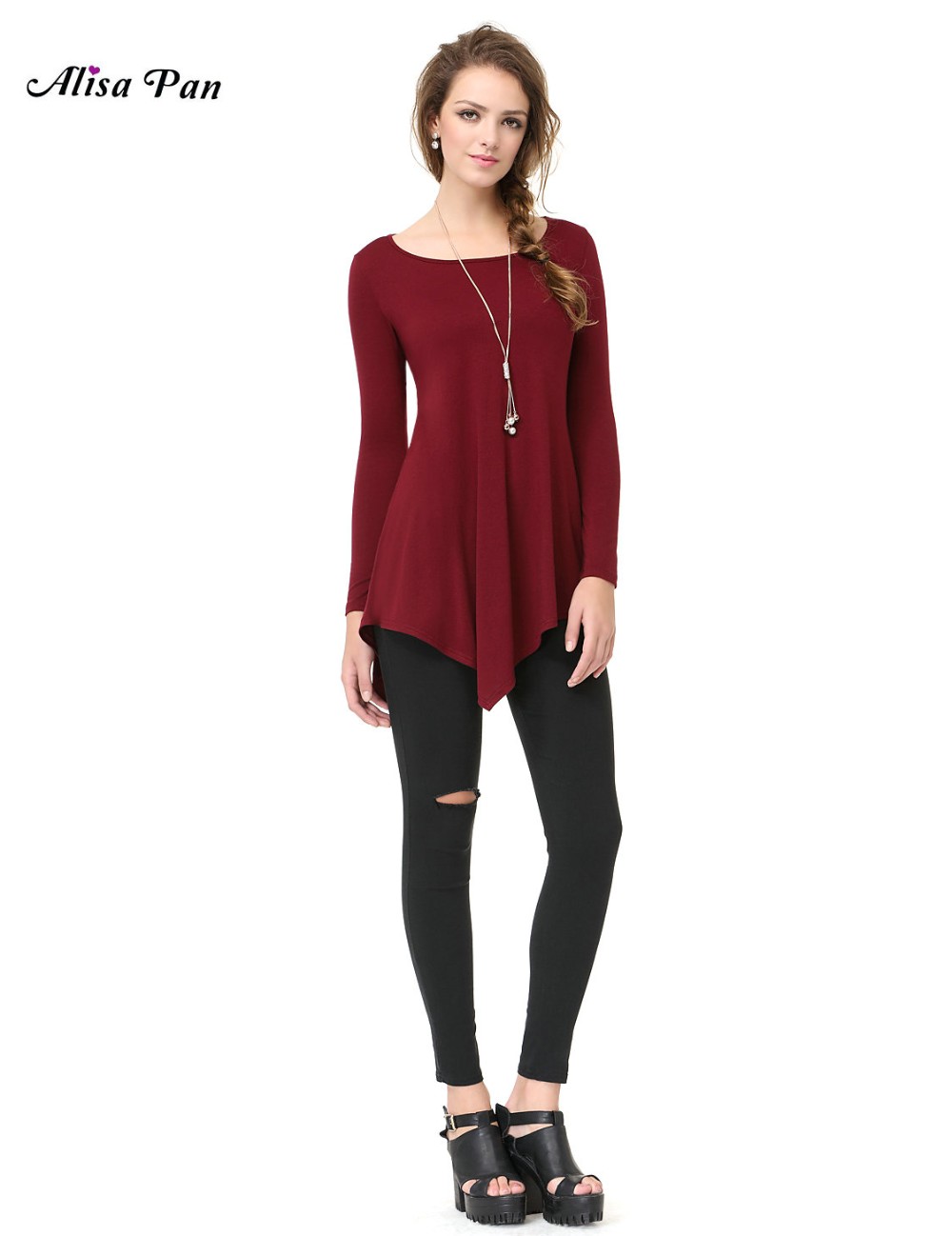 Alisa-Pan-Casual-Work-Spring-Summer-O-Neck-Full-Sleeve-Loose-Burgundy-Fashion-Women-Girls-T-Shirt-AP-32654262323