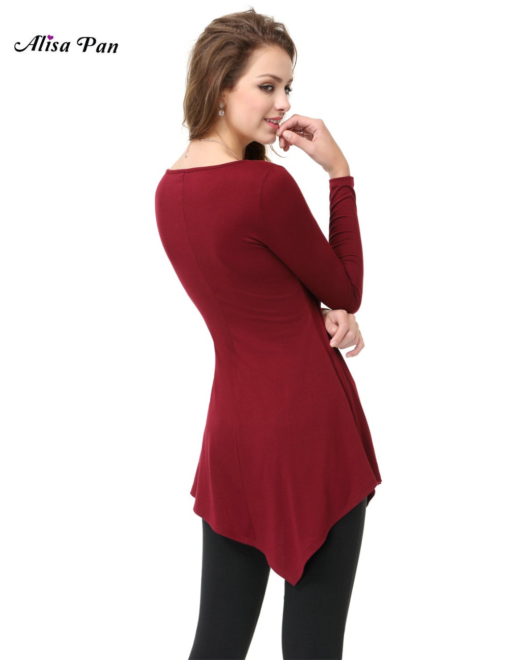 Alisa-Pan-Casual-Work-Spring-Summer-O-Neck-Full-Sleeve-Loose-Burgundy-Fashion-Women-Girls-T-Shirt-AP-32654262323