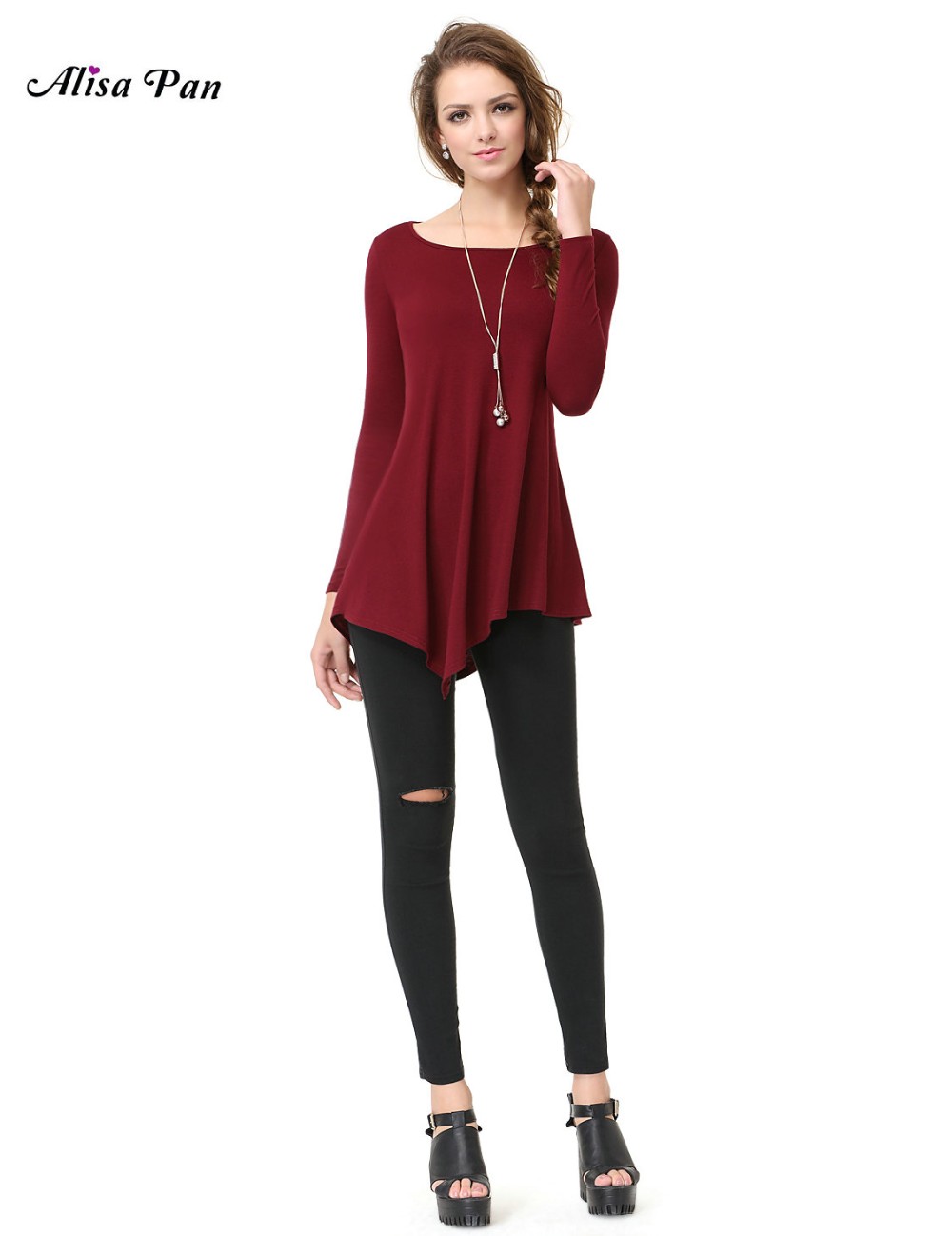 Alisa-Pan-Casual-Work-Spring-Summer-O-Neck-Full-Sleeve-Loose-Burgundy-Fashion-Women-Girls-T-Shirt-AP-32654262323