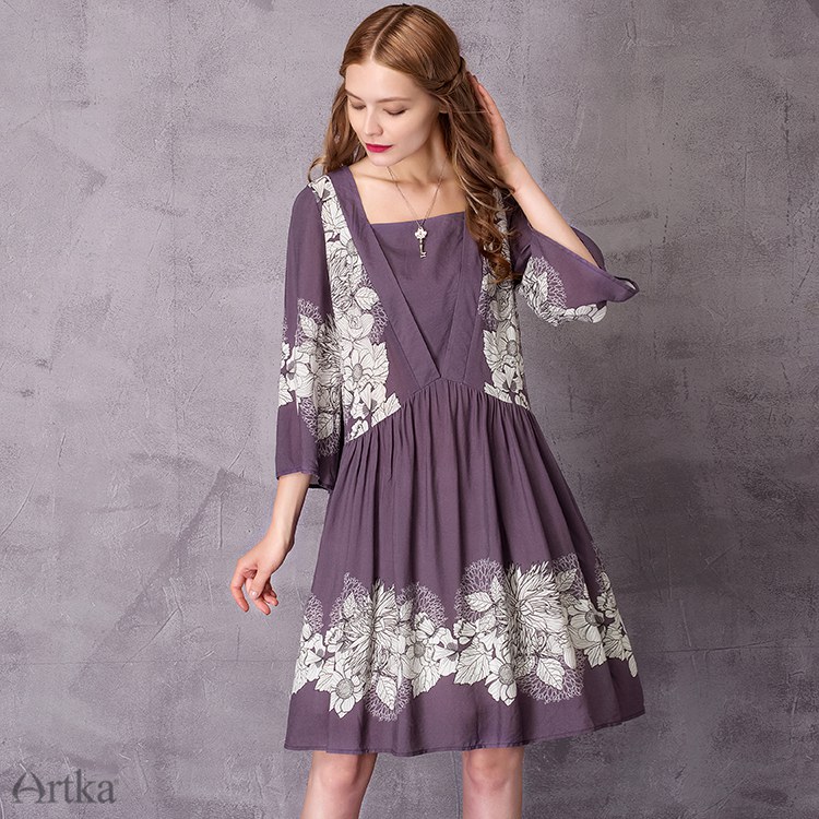 Artka-Women39s-2017-Spring-Vintage-Printed-Dress-Elegant-Square-Collar-Three-Quarter-Sleeve-Comfy-Dr-32797493449