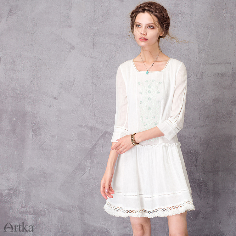 Artka-Women39s-2017-Spring-White-Cotton-Embroidery-Dress-Vintage-Square-Collar-Three-Quarter-Sleeve--32801347449