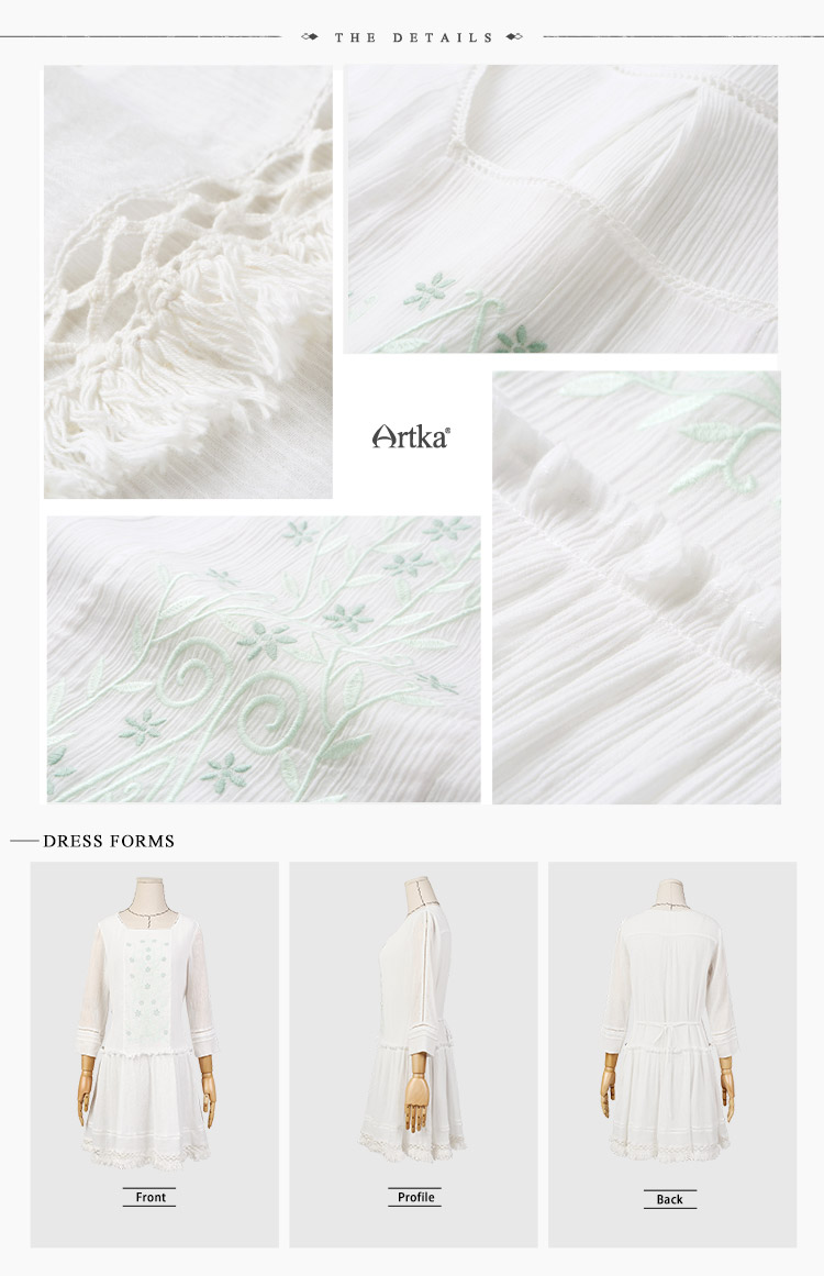 Artka-Women39s-2017-Spring-White-Cotton-Embroidery-Dress-Vintage-Square-Collar-Three-Quarter-Sleeve--32801347449