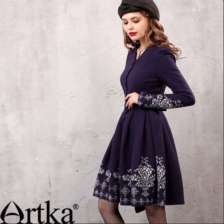 Artka-Women39s-Autumn-New-Arrival-Vintage-Embroidered-V-Neck-Long-Sleeve-Woolen-Dress-Attached-Belt--32700705524
