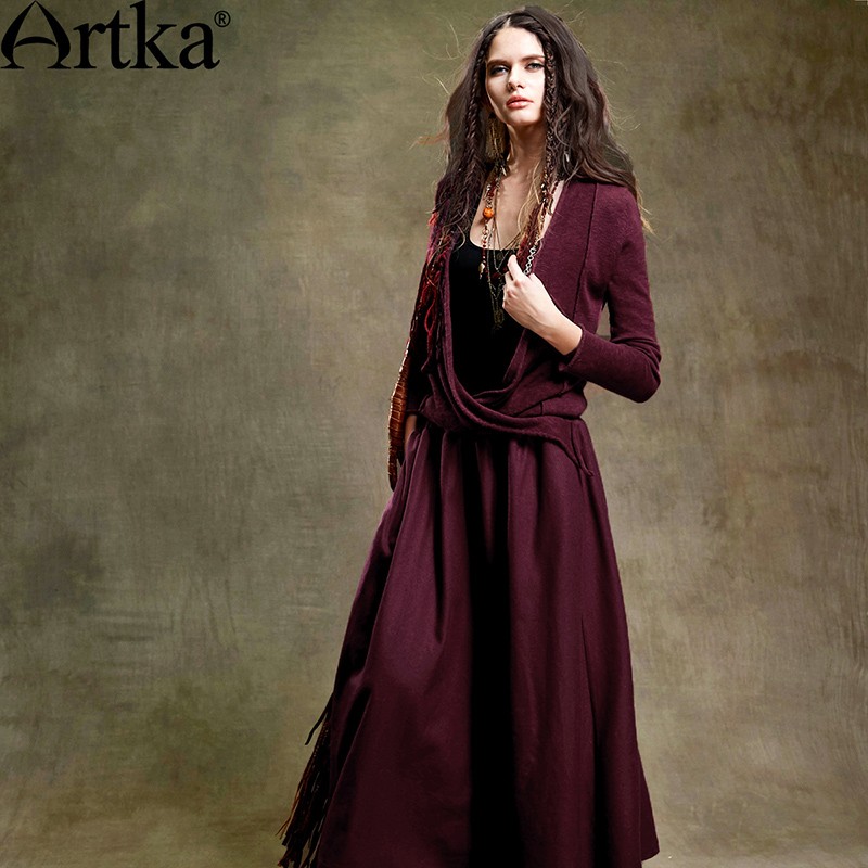 Artka-Women39s-Bohemian-Style-Solid-Color--Knit-Dress-Stacked-Collar-Long-Sleeve--Ankle-length-Comfy-32441256277