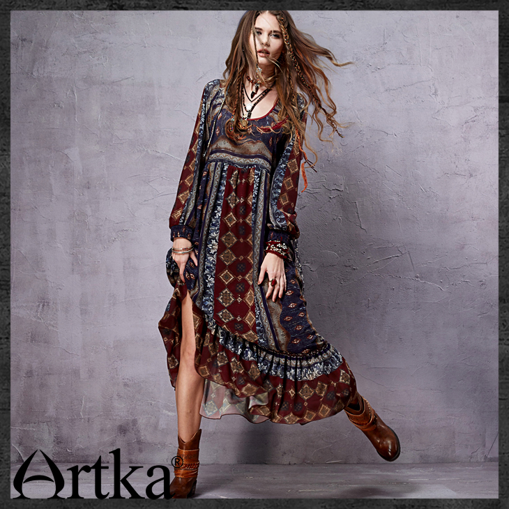 Artka-Women39s-Spring-Bohemian-Deep-O-Neck-Drawstring-Cinched-Waist-Frilled-Swing-Long-Sleeve-Light--32291606637