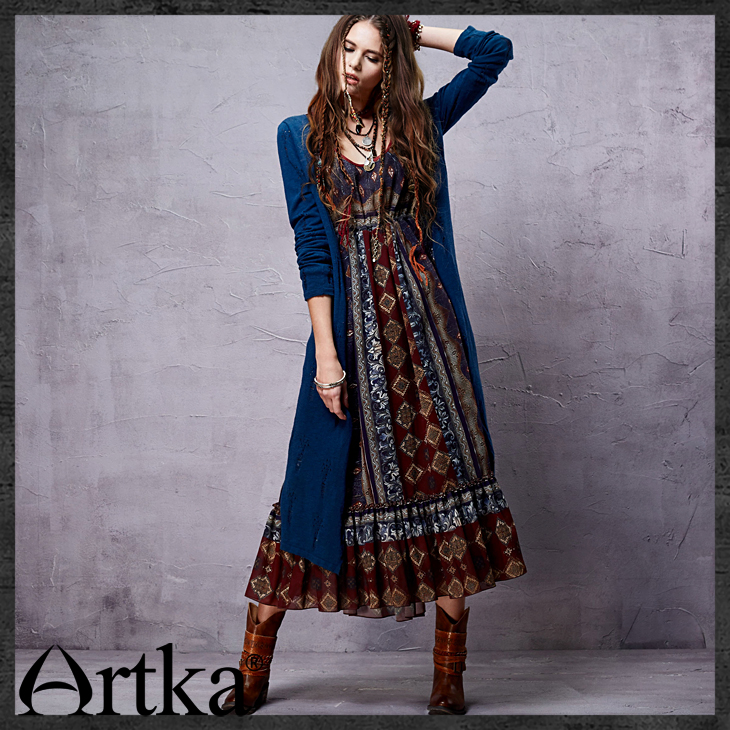 Artka-Women39s-Spring-Bohemian-Deep-O-Neck-Drawstring-Cinched-Waist-Frilled-Swing-Long-Sleeve-Light--32291606637