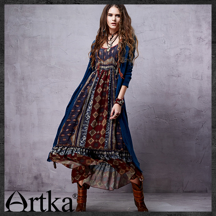 Artka-Women39s-Spring-Bohemian-Deep-O-Neck-Drawstring-Cinched-Waist-Frilled-Swing-Long-Sleeve-Light--32291606637