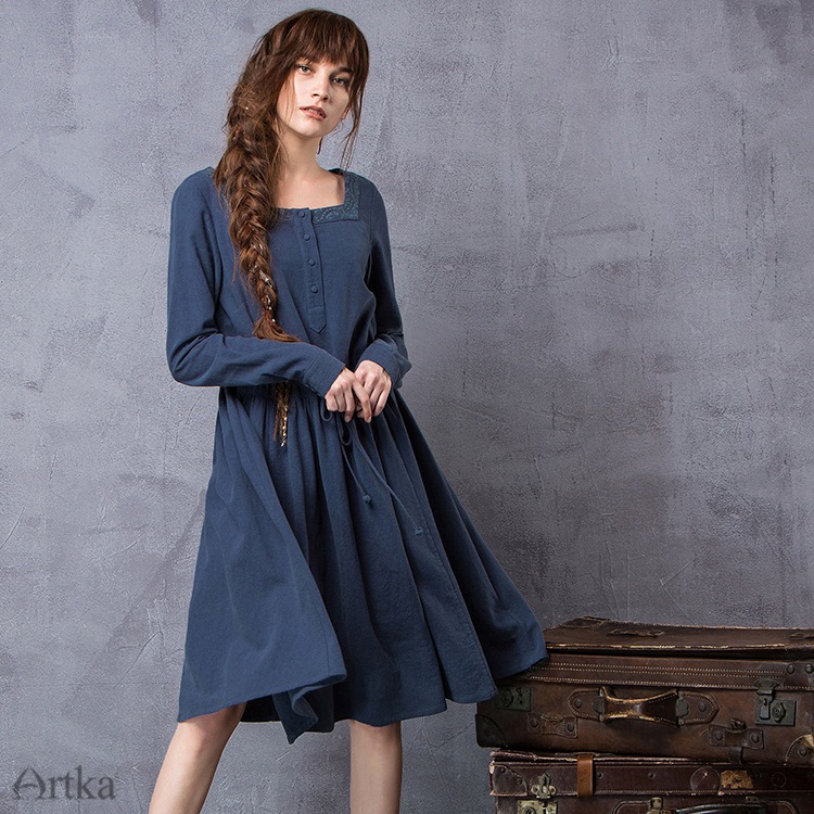 Artka-Women39s-Spring-New-Solid-Color-Embroidery-Dress-Vintage-Square-Collar-Long-Sleeve-Drawstring--32756183438