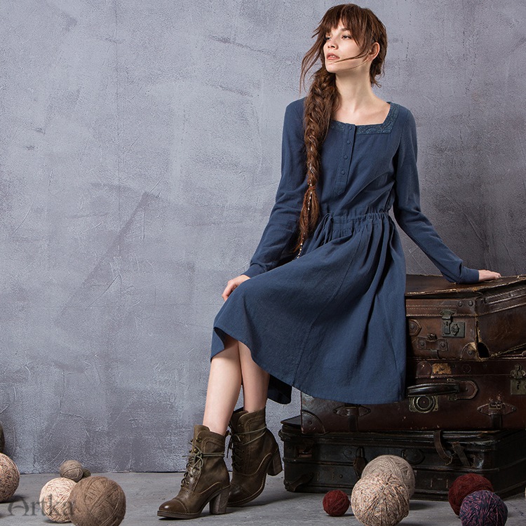 Artka-Women39s-Spring-New-Solid-Color-Embroidery-Dress-Vintage-Square-Collar-Long-Sleeve-Drawstring--32756183438