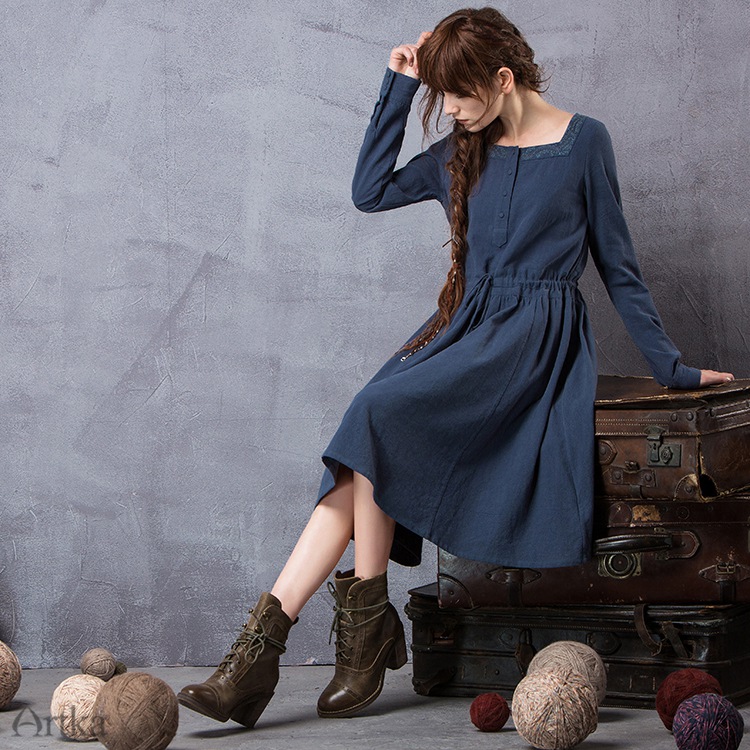 Artka-Women39s-Spring-New-Solid-Color-Embroidery-Dress-Vintage-Square-Collar-Long-Sleeve-Drawstring--32756183438