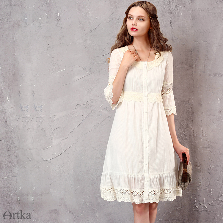 Artka-Women39s-Spring-New-White-Lace-Patchwork-Cotton-Dress-Vintage-O-Neck-Puff-Sleeve-Empire-Waist--32675446268