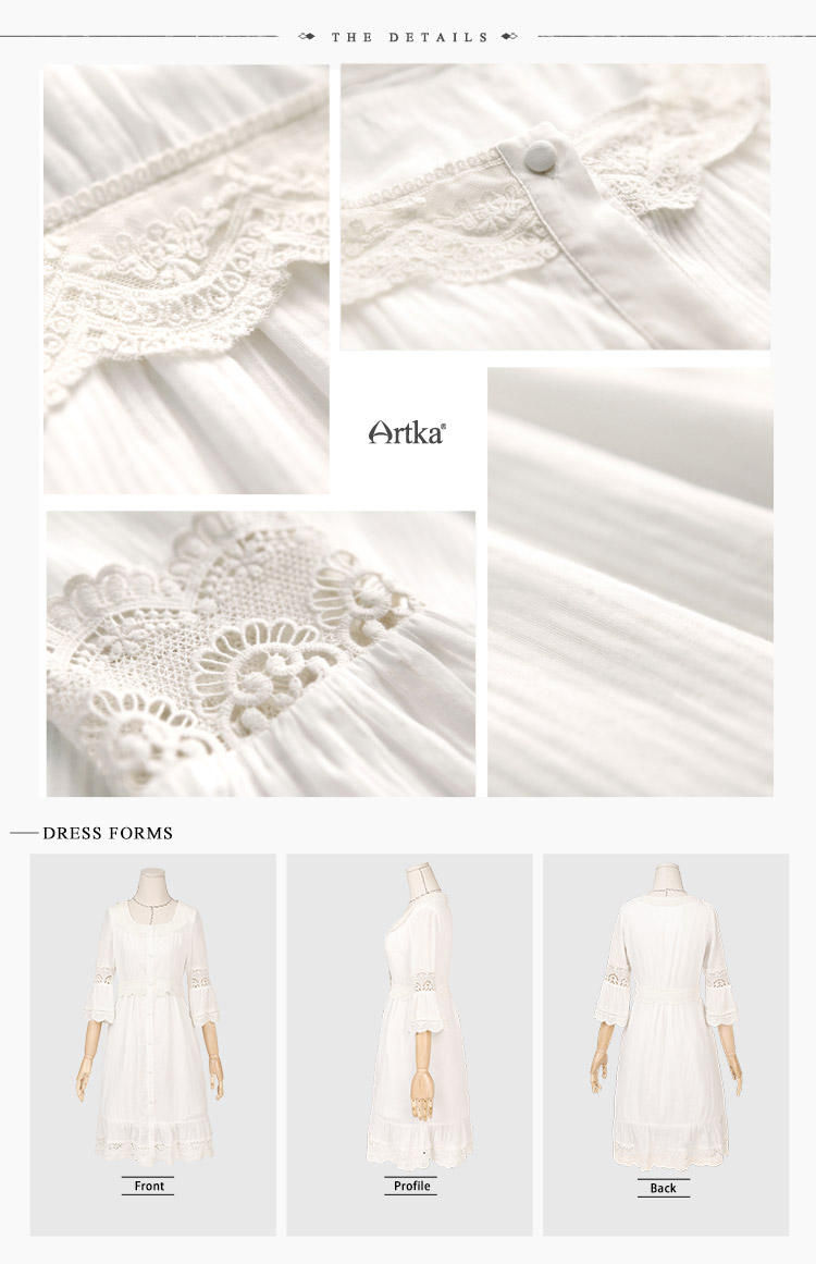 Artka-Women39s-Spring-New-White-Lace-Patchwork-Cotton-Dress-Vintage-O-Neck-Puff-Sleeve-Empire-Waist--32675446268