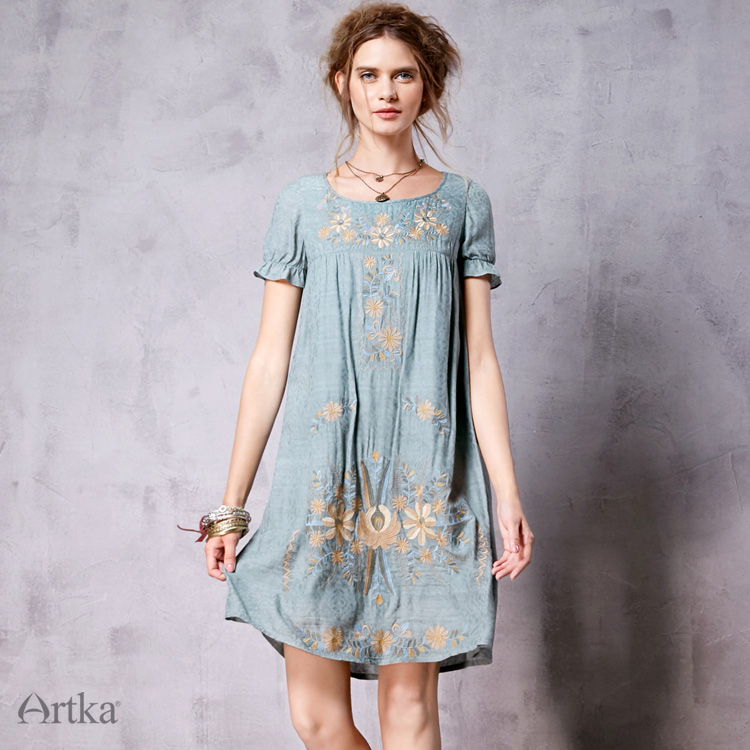 Artka-Women39s-Summer-New-Vintage-O-Neck-Short-Sleeve-Embroidery-Cutton-Loose-Style-Comfy-Dress-LA10-32697815169