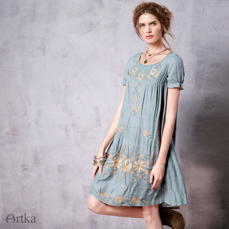 Artka-Women39s-Summer-New-Vintage-O-Neck-Short-Sleeve-Embroidery-Cutton-Loose-Style-Comfy-Dress-LA10-32697815169