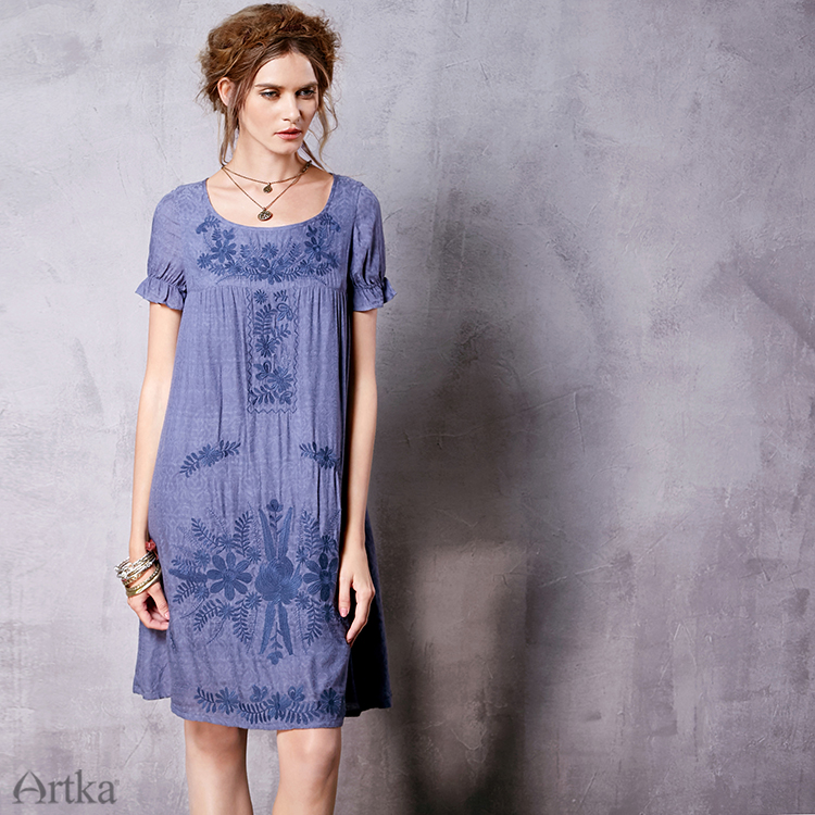 Artka-Women39s-Summer-New-Vintage-O-Neck-Short-Sleeve-Embroidery-Cutton-Loose-Style-Comfy-Dress-LA10-32697815169