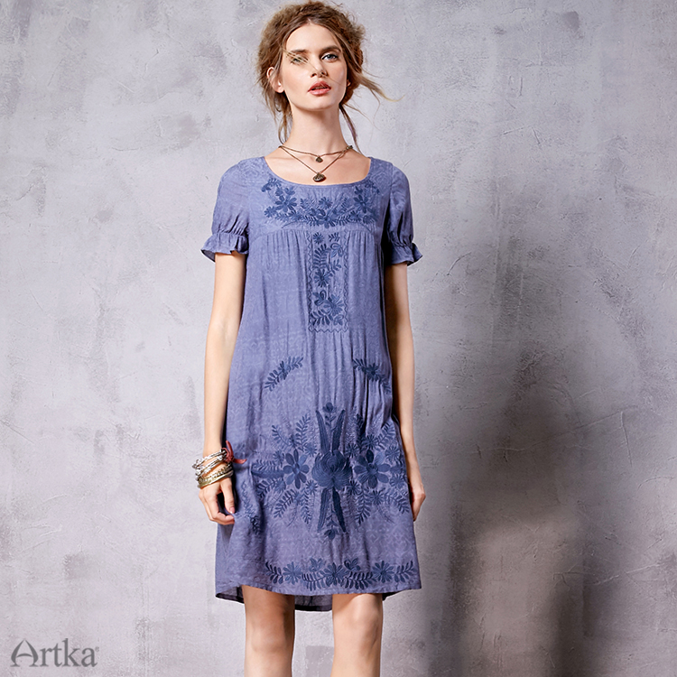 Artka-Women39s-Summer-New-Vintage-O-Neck-Short-Sleeve-Embroidery-Cutton-Loose-Style-Comfy-Dress-LA10-32697815169