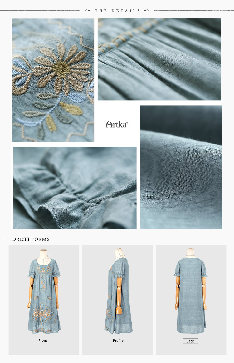 Artka-Women39s-Summer-New-Vintage-O-Neck-Short-Sleeve-Embroidery-Cutton-Loose-Style-Comfy-Dress-LA10-32697815169