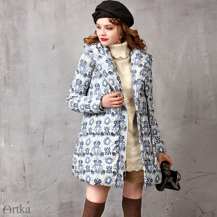 Artka-Women39s-Winter-New-Ethnic-Printed-90-White-Duck-Down-Coat-Vintage-Hooded-Long-Sleeve-Slim-Fit-32752593888