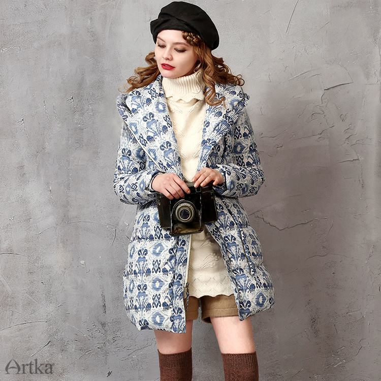 Artka-Women39s-Winter-New-Ethnic-Printed-90-White-Duck-Down-Coat-Vintage-Hooded-Long-Sleeve-Slim-Fit-32752593888