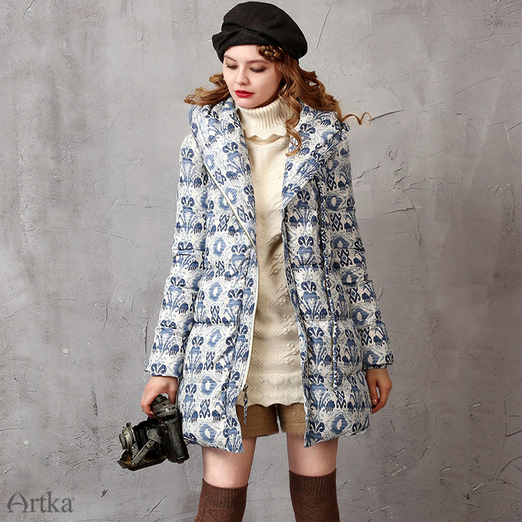 Artka-Women39s-Winter-New-Ethnic-Printed-90-White-Duck-Down-Coat-Vintage-Hooded-Long-Sleeve-Slim-Fit-32752593888