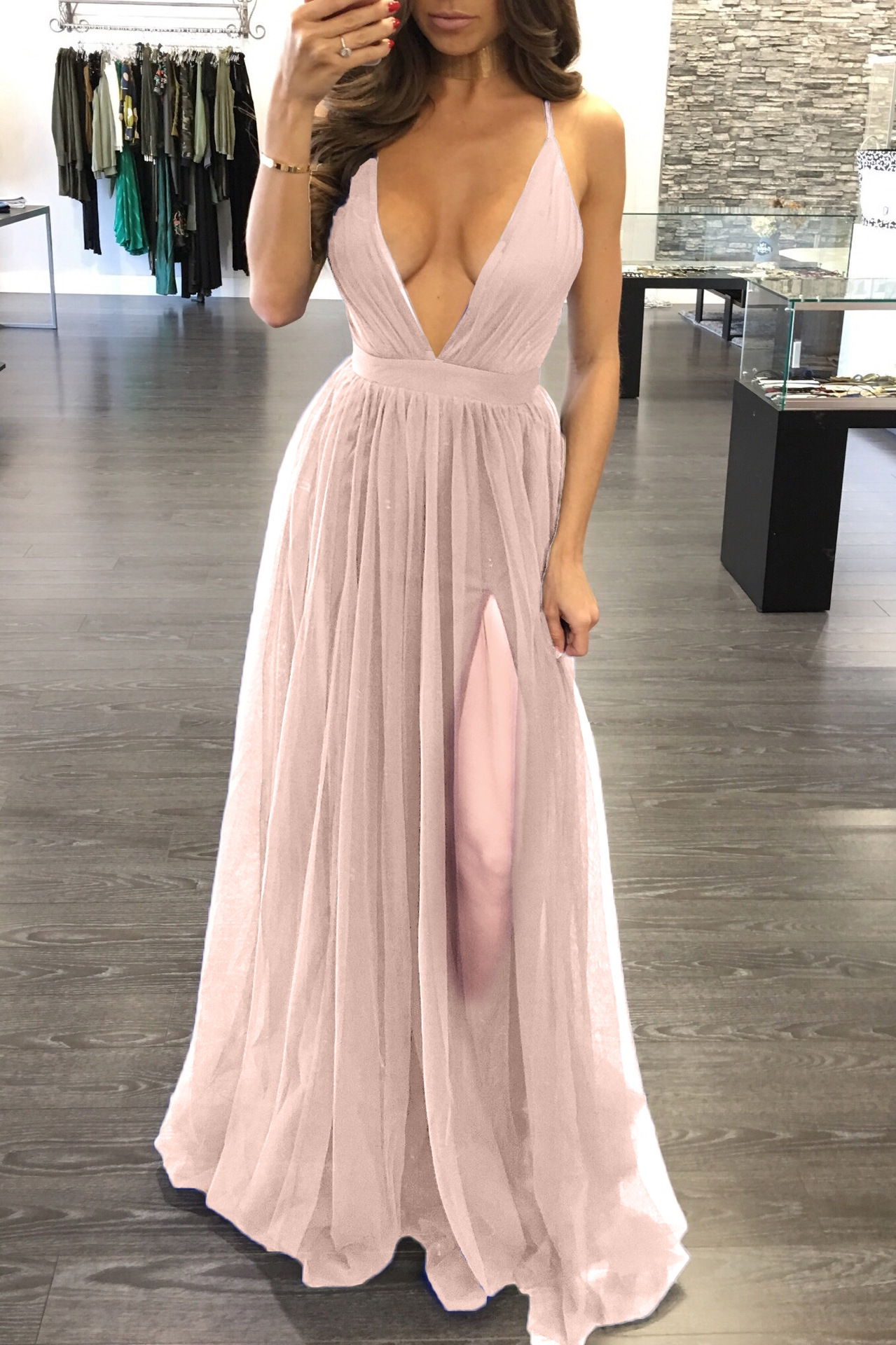 Batoneur-Spaghetti-Halter-Split-Backless-Women-Chiffon-Maxi-Lace-Dresses-Robe-Loose-Pleated-Prom-Par-32790553487