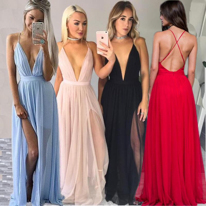 Batoneur-Spaghetti-Halter-Split-Backless-Women-Chiffon-Maxi-Lace-Dresses-Robe-Loose-Pleated-Prom-Par-32790553487