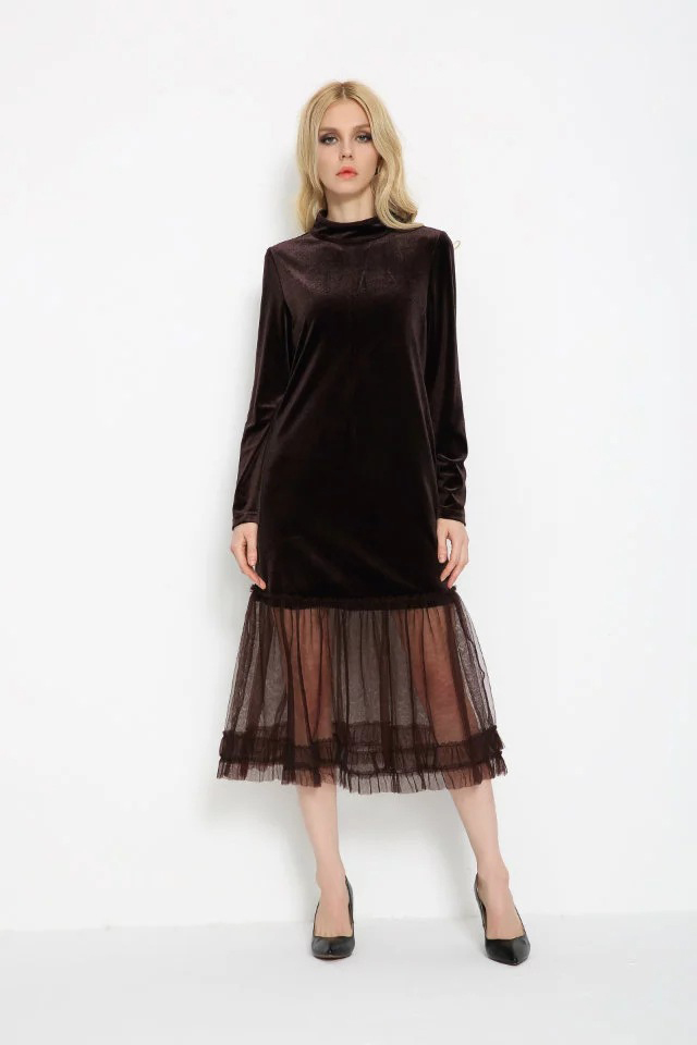 Bella-Philosophy-spring-fashion-mesh-yarn-patchwork-loose-long-sleeve-velvet-dresses-brown-black-32782104586