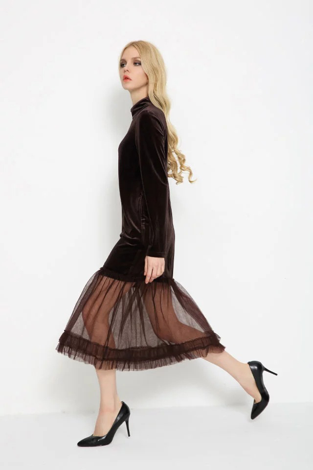 Bella-Philosophy-spring-fashion-mesh-yarn-patchwork-loose-long-sleeve-velvet-dresses-brown-black-32782104586