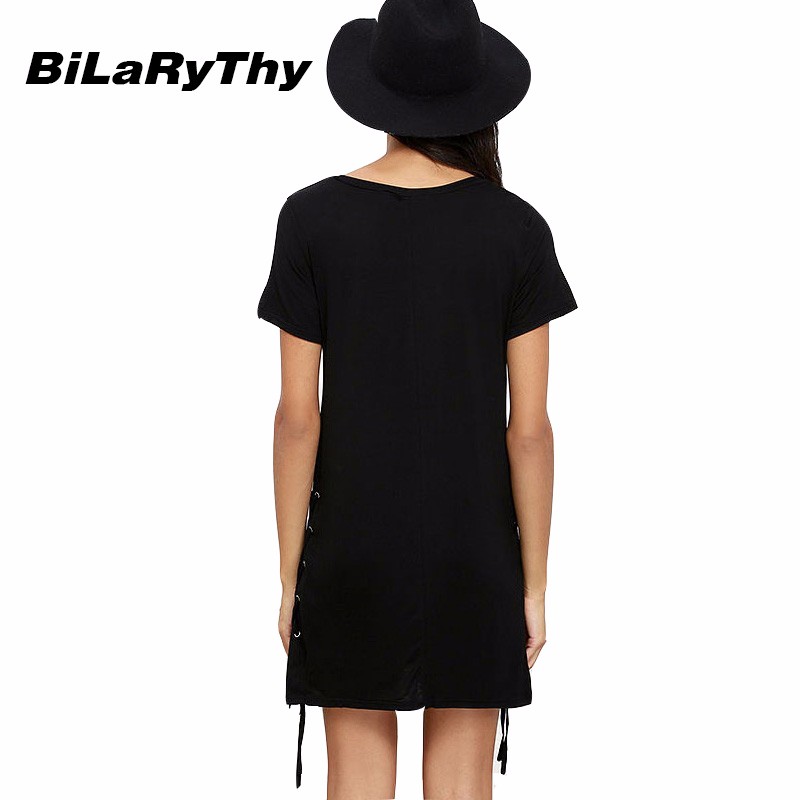 BiLaRyThy-Women39s-Casual-Dress-Short-Sleeve-O-Neck-Solid-Mini-Dresses-Side-Cross-Lace-up-Summer-Clo-32742648049