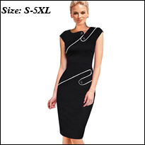 Black-Dress-Tunic-Women-Formal-Work-Office-Sheath-Patchwork-Line-Asymmetrical-Neck-Knee-Length-Plus--32354435533
