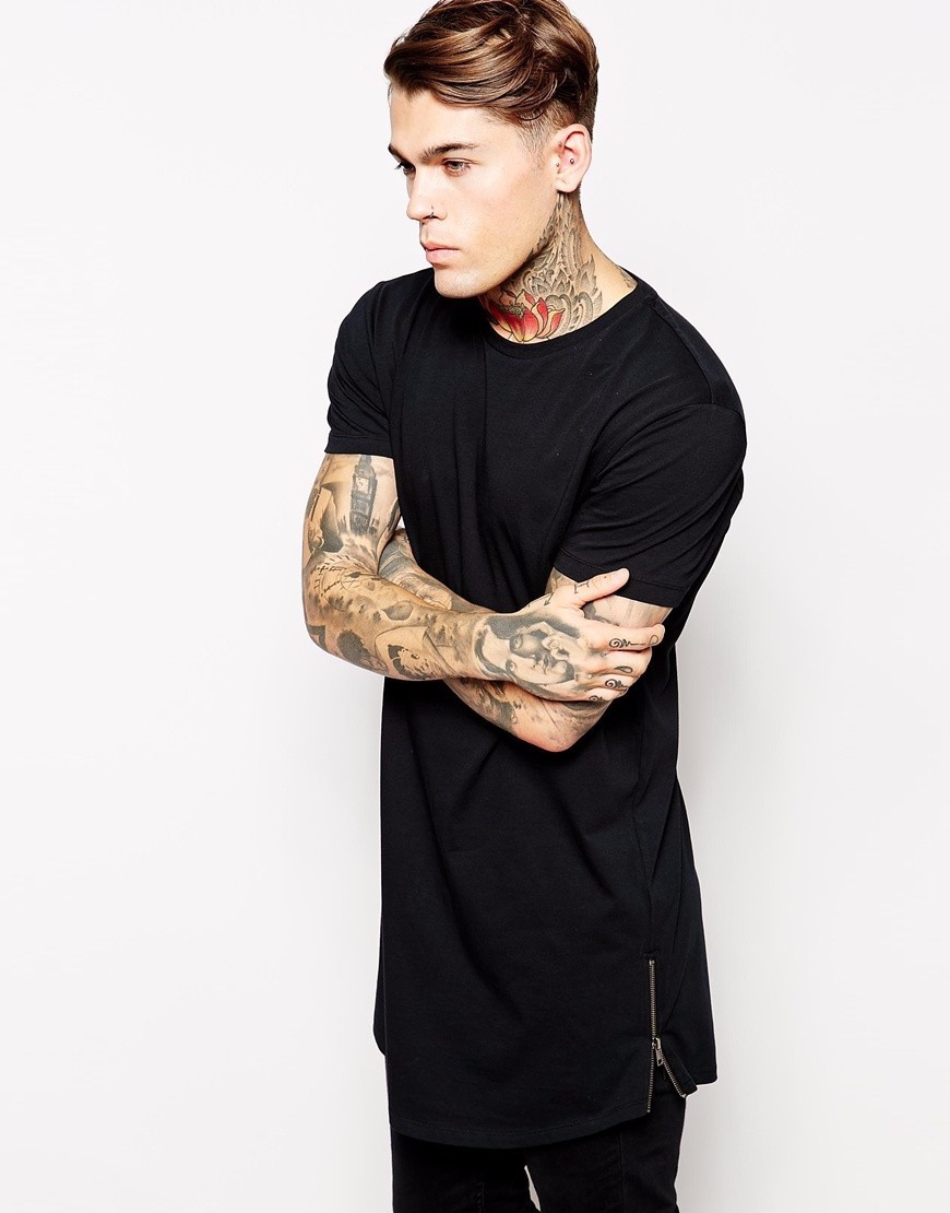 Brand-New-Clothing-Men39s-Black-cotton-t-shirt-Hip-Hop-Short-Sleeve-longline-Regular-t-shirt-Zip-O-n-32787460447