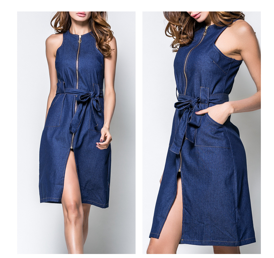 CHICING-Women-Fashion-Bow-Pocket-Denim-Sleeves-Dresses-2017-High-Street-Ladies-O-Neck-Tank-Zipper-Sl-32794580193