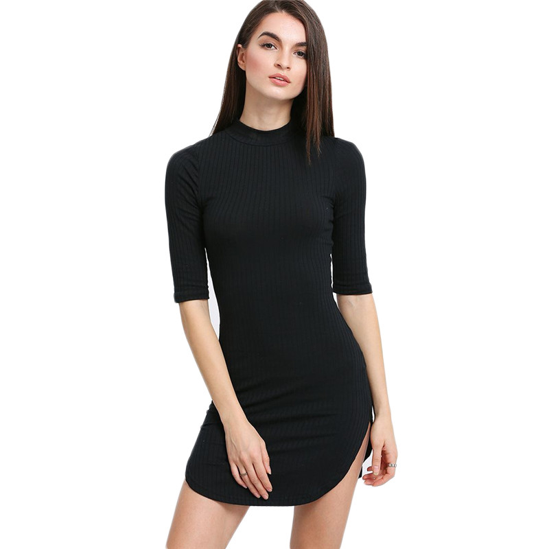 COLROVIE-Black-Dolphin-Hem-Half-Sleeve-Short-Sheath-Dress-Women-Basic-Autumn-Plain-Round-Neck-Bodyco-32683857300