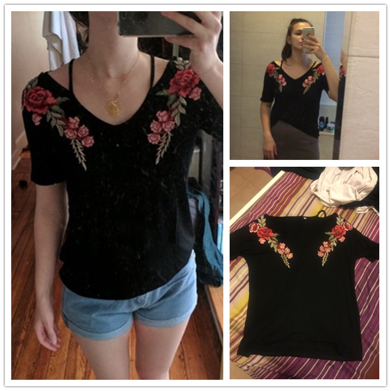 COLROVIE-Vintage-Strappy-T-shirt-Women-Black-Rose-Patch-Sexy-V-Neck-Casual-Summer-Tops-2017-New-Fash-32800718838