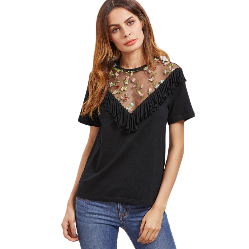 COLROVIE-Vintage-T-shirt-Women-Black-Fringe-Trim-Embroidered-Sexy-Mesh-Tops-O-Neck-Clothing-2017-Sum-32794940987