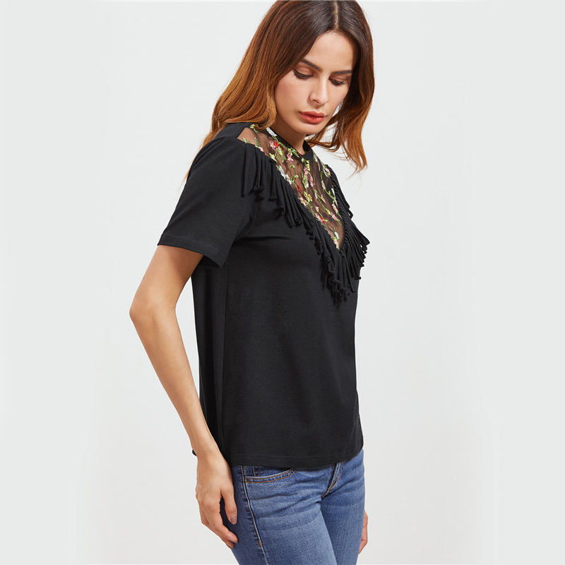 COLROVIE-Vintage-T-shirt-Women-Black-Fringe-Trim-Embroidered-Sexy-Mesh-Tops-O-Neck-Clothing-2017-Sum-32794940987
