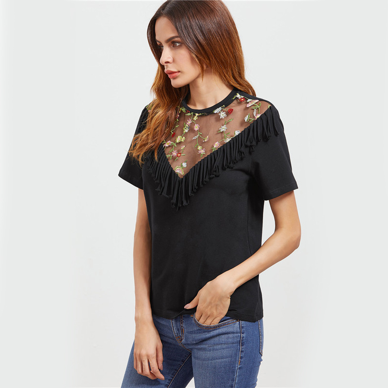 COLROVIE-Vintage-T-shirt-Women-Black-Fringe-Trim-Embroidered-Sexy-Mesh-Tops-O-Neck-Clothing-2017-Sum-32794940987