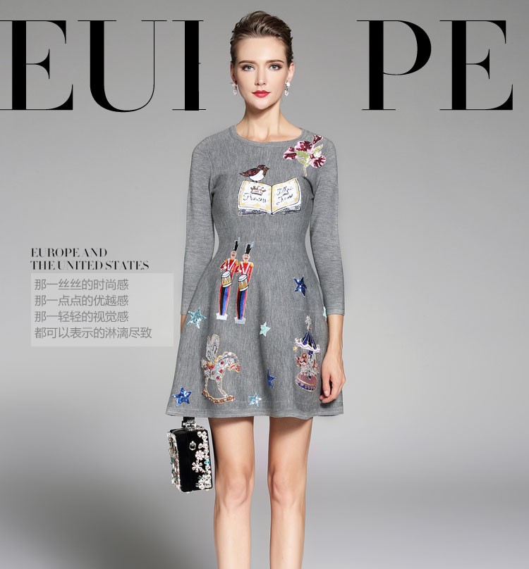 Casual-Mini-Dress-2017-Autumn-Winter-Nice-New-Embroidery-Character-Beading-Paillette-Empire-Three-Qu-32764144171