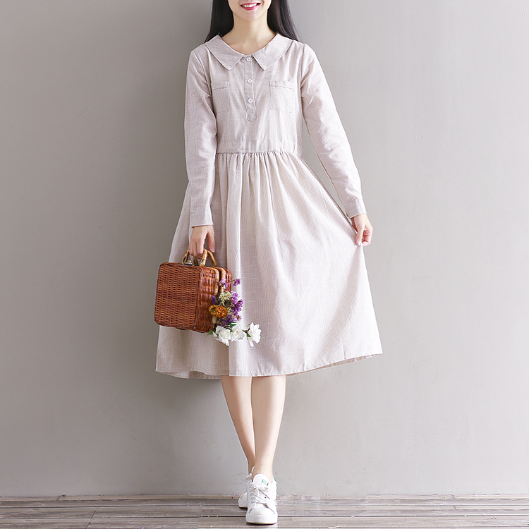 Cotton-Linen-Dress-Autumn-Winter-Women-Students-Preppy-Style-Striped-Office-Peter-Pan-Collar-Midi-Dr-32768509263