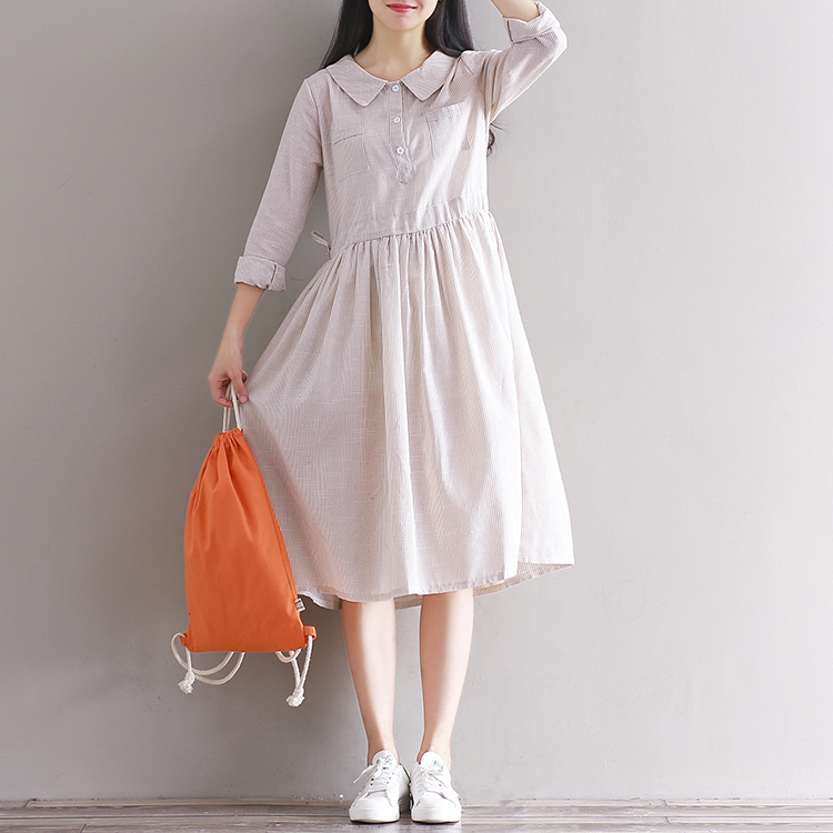 Cotton-Linen-Dress-Autumn-Winter-Women-Students-Preppy-Style-Striped-Office-Peter-Pan-Collar-Midi-Dr-32768509263