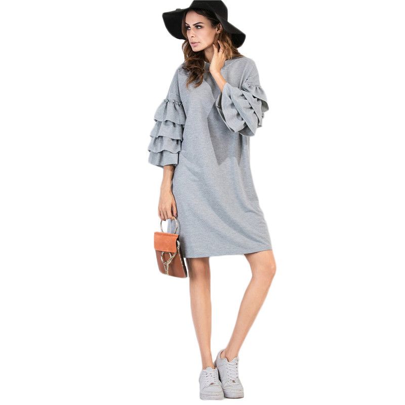 DIDK-Fall-2016-Casual-Dress-Autumn-Womens-Knee-Length-Dress-Grey-Three-Quarter-Length-Butterfly-Slee-32753761896