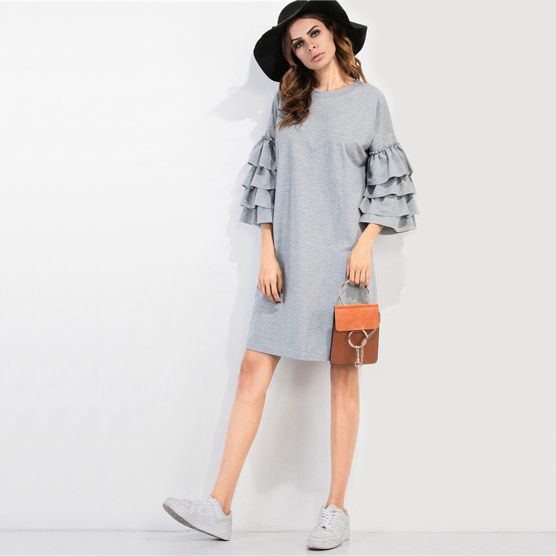 DIDK-Fall-2016-Casual-Dress-Autumn-Womens-Knee-Length-Dress-Grey-Three-Quarter-Length-Butterfly-Slee-32753761896