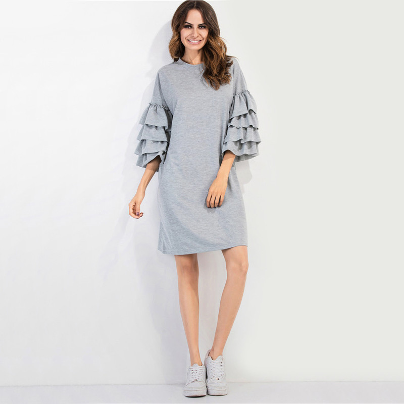 DIDK-Fall-2016-Casual-Dress-Autumn-Womens-Knee-Length-Dress-Grey-Three-Quarter-Length-Butterfly-Slee-32753761896